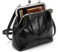 Vintage Handbag with Detachable Crossbody Strap and Textured Brown Finish | Classic Silver-Tone Double Ball Clasp Frame. Soft Wrinkled Faux Leather with Glossy Finish.