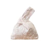 Vintage Handmade Double Lace Japanese Kimono Art Pattern Wrist Bag Tote Handbag Knot Pouch Wallet Portable Purse for Women(White)