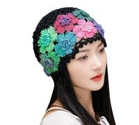 Vintage Handmade Embroideried Cotton Crochet Knit Hollow Out Floral Knit Hat Mens Trapper Hat Mad (Black, One Size)