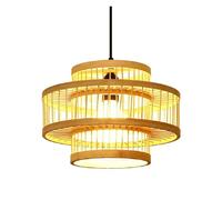 Vintage Hanging Double-Layer Wooden Pendant Lights Single Lamp Chandelier Woven Light Fixture for Kitchen Island, Living Dining Room(48CM)