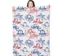 Vintage Hat Throw Blanket for Adults Kids, 60x80 in, Red and Blue Bow Ribbon Hat Theme Flannel Blankets for Bedroom, Couch, Travel, Home Decor, Fuzzy Soft Cozy Warm Gifts