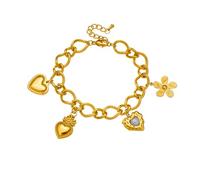 Vintage Heart Flower Charm Bracelet for Women Stainless Steel Link Chain with Floral Pearl Love Hearts Dangle Charms Bracelets Dainty Jewelry