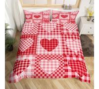 Vintage Hearts Cot Duvet Cover 2 Pcs,Retro Red Patchwork Plaid Bedding Sets for Kids Teens Adults,Romantic Country Rustic Style Quilt Cover with 1 Pillowcase,No Comforter