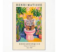 Vintage Henri Matisse Canvas Wall Art, Funny Animal Bathroom Poster, Cute Tabby Cat on A Toilet Print, Pink Dopamine Bathroom Wall Decor, Tropical Botanical and Animal Picture 12x16in Unframed