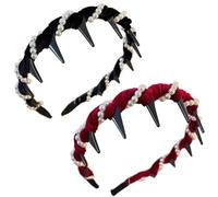 Vintage High Cranium Artificial Pearl Hairband, 2025 Elegant Pearl Headbands, Fashion Wide Beaded Bling Head Wedding Party Hair Hoop Band Headwear for Women Girls (Black+burgundy velvet pearl)