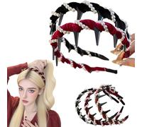 Vintage High Cranium Artificial Pearl Hairband, Girls Fashion Hair Accessories Gifts, Women Elegant Beaded Decorative Hair Bands (2pcs Black+Burgundy)