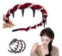 Vintage High Cranium Artificial Pearl Hairband,Non Slip Pearl Headband With Teeth Hoop,Elegant Braided Pearls Headbands With Teeth,Hair Bands for Women's Hair (Red)