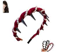 Vintage High Cranium Artificial Pearl Hairband, Zig Zag Headbands with Sparkly White Pearl Beaded, Head Band Comb with Teeth Hoop for Women Girls,Hair Hoop Accessories for Wedding,Party (Red)