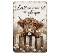 Vintage Highland Cow Wall Decor - Live Like Someone Left The Gate Open Metal Tin Sign, Rustic Farmhouse Kitchen Wall Art, Bathroom Pictures and Decor Accessories (12x8 Inch)