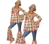 Vintage Hippy 70s Costume Multi-Coloured 60s Hippie Ladies Fancy Dress Outfit