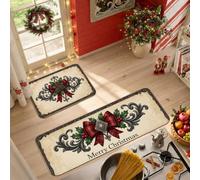Vintage Holly and Tartan Ribbon Christmas Theme Kitchen Rugs Sets of 2 | Tartan Ribbons, Rugs For Kitchen Floor, Victorian Scroll Patterns, Winter Home Decor, Kitchen Floor Mats
