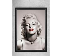 Vintage Hollywood Icon Marilyn Monroe, Red Lips Portrait A4 Wall Art, Black Frame 31 x 23 cm, Black and White with Colour Accent