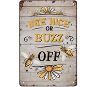 Vintage Honeybee Bee Nice Or Buzz Off Warning Great Display and Bee Hive Farm Honey Bee and Indoors Outdoors Poster Metal Aluminium Tin Sign 8x12 Inch Wall Decor