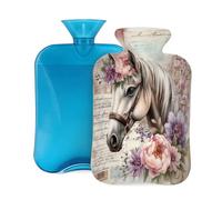 Vintage Horse Flower Pattern Hot Water Bottle with Cover, 2L PVC Hot Water Bag for Pain Relief, Hand Foot Warmer, Hot & Cold Therapy with Removable Cover, Gift for Women Kids Family