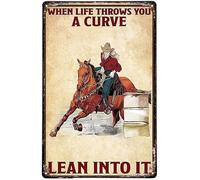 Vintage Horse Riding Cowgirl Metal Sign When Life Throws You A Curve Lean Into It Funny Metal Sign Poster Decor Painting Wall Art Home Living Room Bedroom Painting Metal Tin Sign 8x5.5 Inch