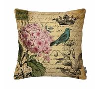 Vintage Hydrangea Flowers and Bird Stamp Mail Text Throw Pillow Case Cotton Linen Cushion Cover 18 X 18 Inches