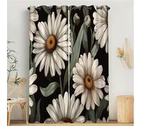 Vintage Illustration Curtains Eyelet, Soft Thermal Insulated Blackout Curtain, Daisies Green Leaves Pattern Ring Top Window Drapes for Bedroom Living Room W 66" x L 54" Drop 2 Panels, White Green