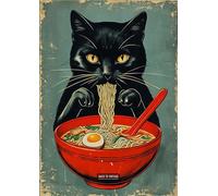 Vintage Illustration Of Black Cat Eating Ramen Noodles - A4 Wall Art Poster Featuring Cute Cats Perfect for Home or Office Decor Brings Joy and Warmth to Any Room with Feline Fun