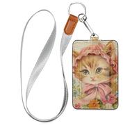 Vintage Illustration of Cute Kitten Leather id Badge Holder for Women with Lanyard and 3-Card Capacity id and Card Holder for Office Worker Nurse Teacher Student