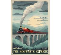 Vintage Illustration Of The Hogwarts Express Traveling On A Viaduct - A4 Wall Art, Inspirational World Map, Vintage City, Retro Poster, Home Decor for Living Room, Office, Gift Idea for Travel Lovers