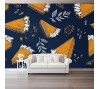 Vintage Illustration Style Mural Wallpaper, 400x280cm for Wall Decoration | Autumn Country Plants Leaves Pumpkin Pie Print Non-Woven Mural Wallpaper, Navy Blue for Living Room TV Backdrop
