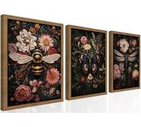 Vintage Insect Wall Art, Dark Moody Dragonfly Butterfly Bee Animal Wall Decor Paintings, Gothic Nature Floral Botanical Prints Pictures for Living Room Bedroom Home Decor 16x24 Inch Wood Framed