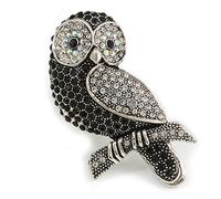 Vintage Inspired Black/Clear/Ab Crystal Owl Brooch In Aged Silver Tone - 70mm Long