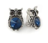 Vintage Inspired Blue/Grey Crystal Owl Clip On Earrings In Aged Silver Tone Metal - 22mm Tall