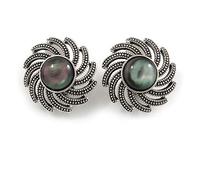 Vintage Inspired Cat Eye Stone Flower Clip On Earrings In Antique Silver Tone - 23mm D D
