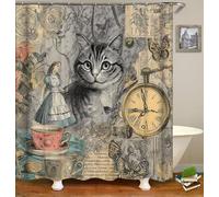 Vintage-Inspired Cheshire Cat Themed Shower Curtain, Showcasing The Whimsical World of Wonderland with Her Tea Party Elements 72 x 72 Inch Polyester Fabric for Bathroom Curtain Sets with 12 Hooks
