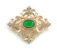 Vintage Inspired Clear Crystal and Green Glass Bead Diamond Shape Brooch - 55mm Across