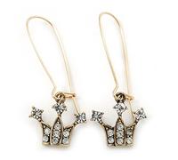 Vintage-Inspired Crown Drop Earrings - Aged Gold Look with Clear Crystals - 45mm Long