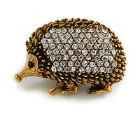 Vintage Inspired Crystal Hedgehog Brooch In Aged Gold Tone Metal - 35mm Across