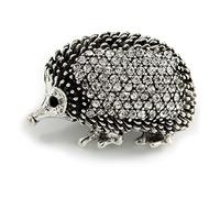 Vintage Inspired Crystal Hedgehog Brooch In Aged Silver Tone Metal - 35mm Across