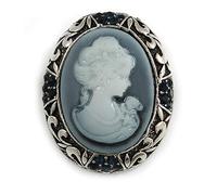 Vintage Inspired Dark Blue Crystal Grey Cameo Brooch In Silver Tone - 40mm Tall
