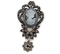 Vintage Inspired Dark Grey/Hematite Crystal Cameo with Charm Brooch In Antique Silver Tone - 65mm L