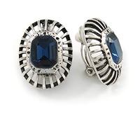 Vintage Inspired Dome Shape Midnight Blue Glass Oval Clip On Earrings In Silver Tone - 23mm Tall