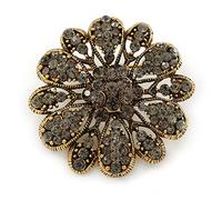 Vintage Inspired Grey Coloured Austrian Crystal Floral Brooch In Antique Gold Tone - 43mm D