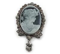 Vintage Inspired Grey/Hematite Crystal Cameo with Charm Brooch In Antique Silver Tone - 63mm Across