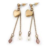 Vintage Inspired Heart Locket Chain Drop Earrings In Antique Gold Tone - 60mm L