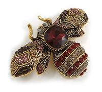 Vintage Inspired Large Statement Crystal Bee Brooch In Aged Gold Tone - 60mm Across