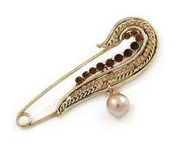 Vintage Inspired Large Topaz Crystal Wing Safety Pin Brooch In Gold Tone Metal - 80mm L