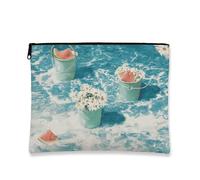 Vintage-Inspired Makeup Bag, Watermelon and Daisy Art Travel Pouch for Women, Lightweight Canvas Cosmetic Zipper Organizer, Summer Festival Toiletry Bag, Light Blue, 7x9 Inch, Watermelon and Daisy