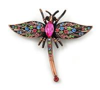 Vintage Inspired Multicoloured Austrian Crystal Dragonfly Brooch In Bronze Tone - 60mm Across