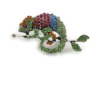 Vintage Inspired Multicoloured Crystal Chameleon Brooch/Pendant in Aged Silver Tone Metal - 55mm Across