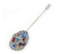 Vintage Inspired Multicoloured Crystal Lapel, Hat, Suit, Tuxedo, Collar, Scarf, Coat Stick Brooch Pin In Silver Tone Metal - 95mm L