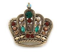Vintage Inspired Multicoloured Crystal Pearl Crown Brooch in Aged Gold Tone - 40mm Tall
