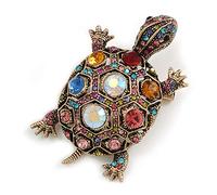 Vintage Inspired Multicoloured Crystal Turtle Brooch in Aged Gold Tone Metal - 60mm Long