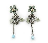 Vintage Inspired Pale Blue Enamel Freshwater Pearl 'Flower & Ladybug' Drop Earrings In Antique Silver Tone - 50mm Length