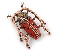 Vintage Inspired Red Enamel Bug Brooch In Bronze Tone Metal - 50mm Tall